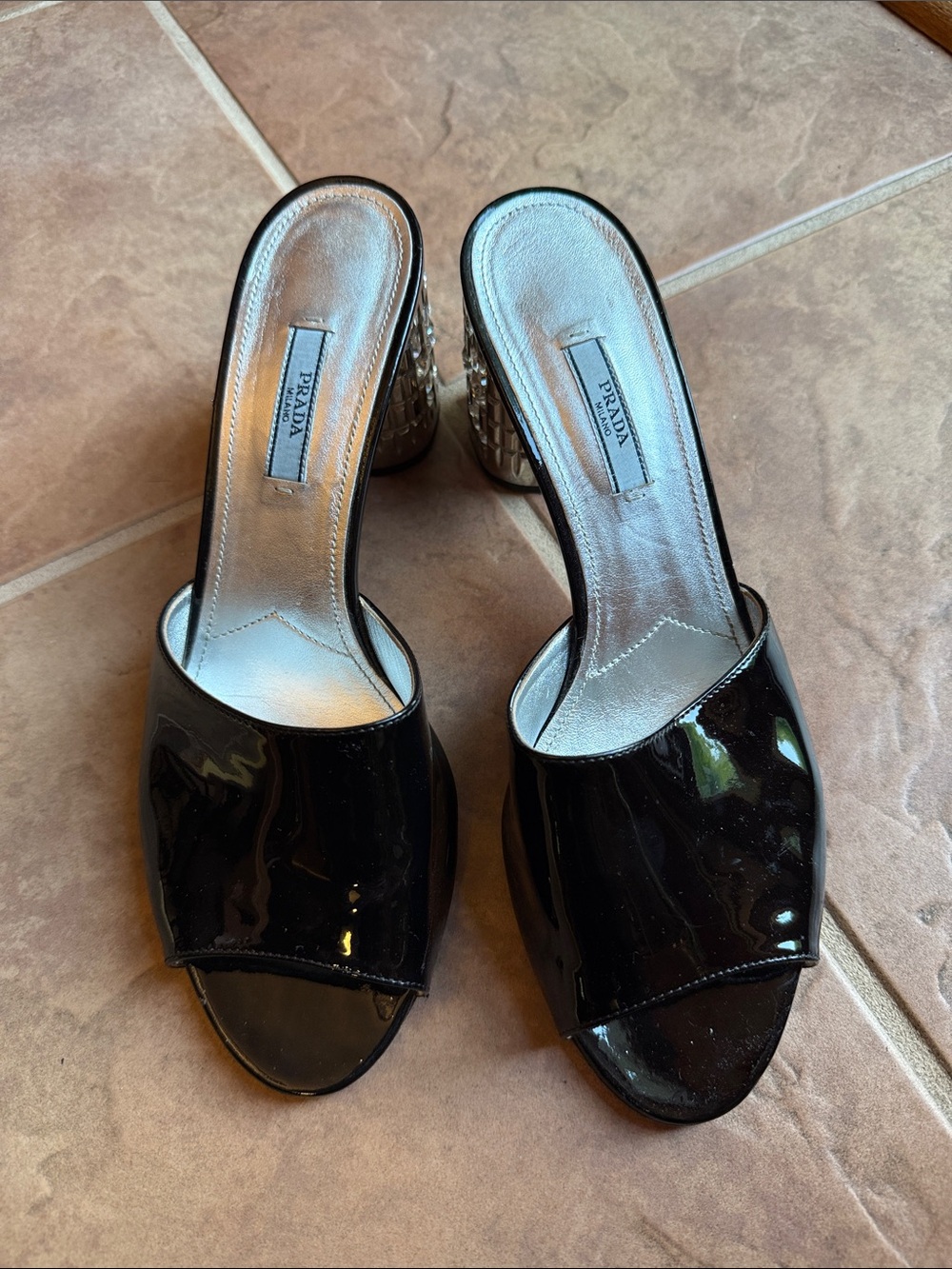 Prada Black Patent Leather Open-Toe Slip-On Mules w/clear rhinestone silver heel